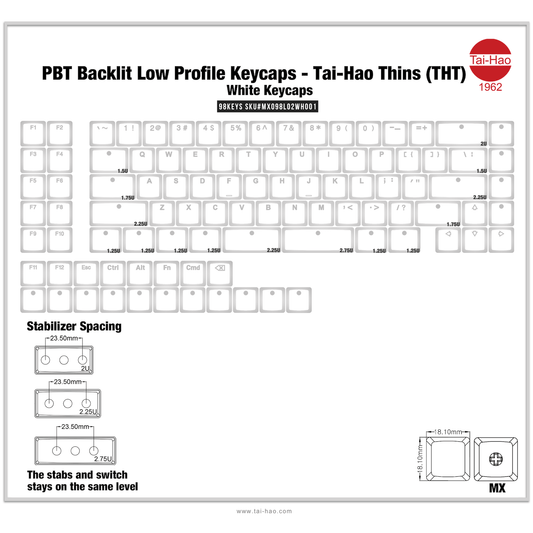 THT (Tai-Hao Thins) 98Key ロープロファイル キーキャップセット(PBT/MX/ホワイト)