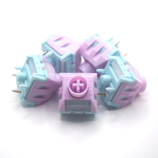 Kailh BOX Saker Linear Switchが5つ写っているカラー画像。