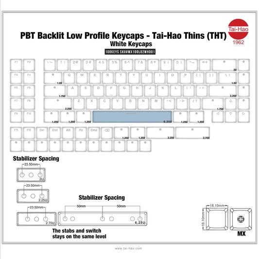 THT (Tai-Hao Thins) 100Key ロープロファイル キーキャップセット(PBT/MX/ホワイト)