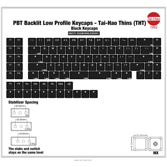 THT (Tai-Hao Thins) 98Key ロープロファイルキーキャップセット（PBT/MX/ブラック）