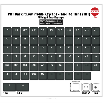THT (Tai-Hao Thins) 65Key ロープロファイル キーキャップセット（PBT/MX/ミッドナイトグレー）