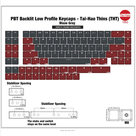 THT (Tai-Hao Thins) 100Key ロープロファイル キーキャップセット（PBT/MX/ブレイズグレー）