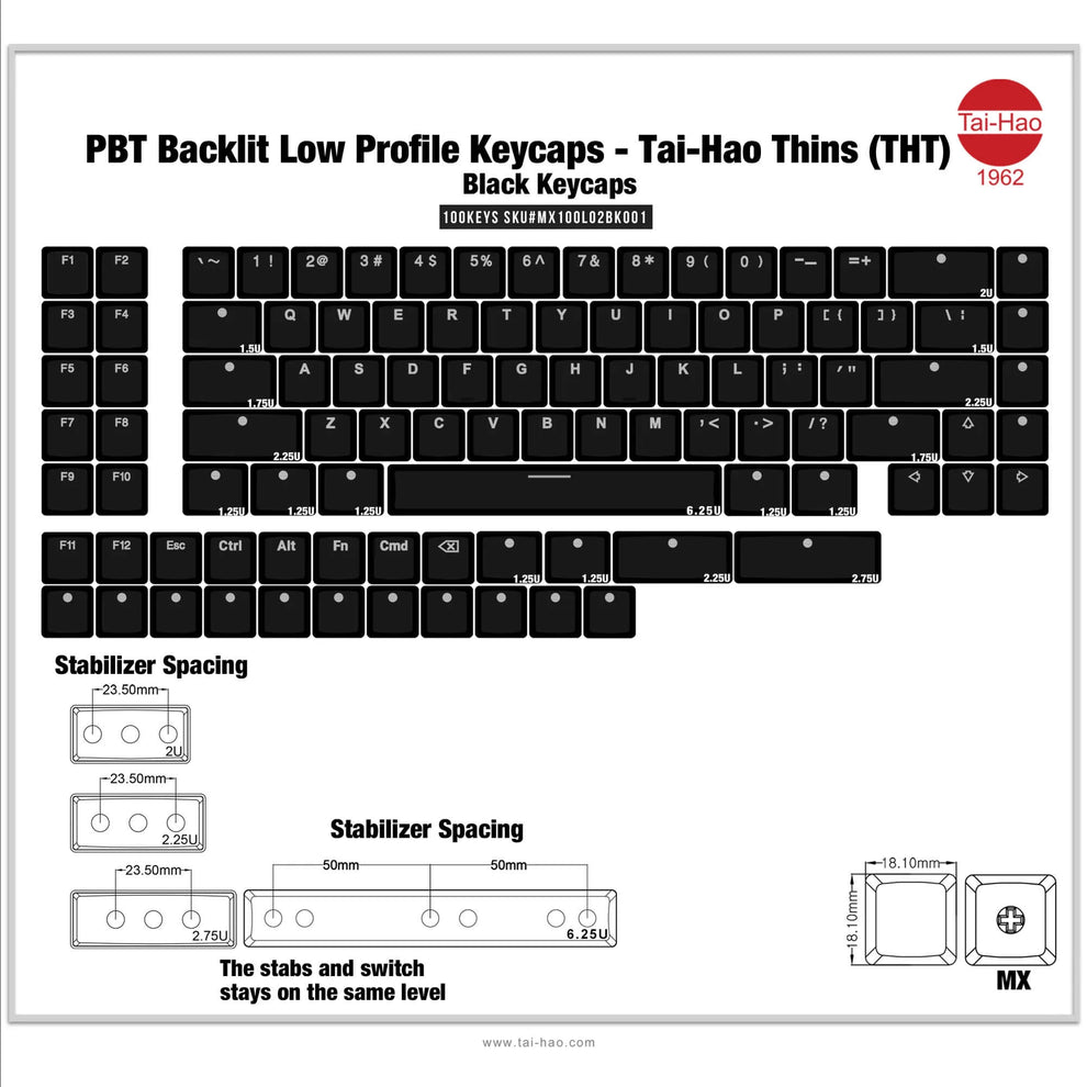 THT (Tai-Hao Thins) 100Key ロープロファイル キーキャップセット（PBT/MX/ブラック）｜TALPKEYBOARD ...
